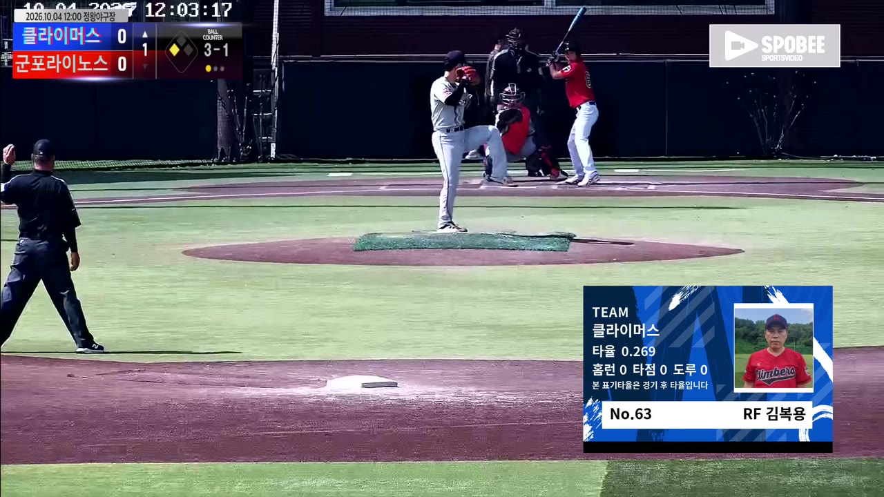 김복용(63번, 클라이머스) 볼넷 클립 | vs 군포라이노스 | 10/4 (정왕야구장)