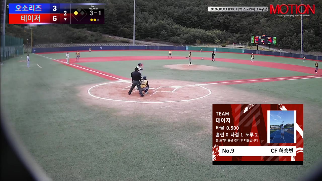 허승빈(9번, 테이저) 볼넷 클립 | vs 오소리즈 | 10/3 (태백 스포츠파크 A구장)