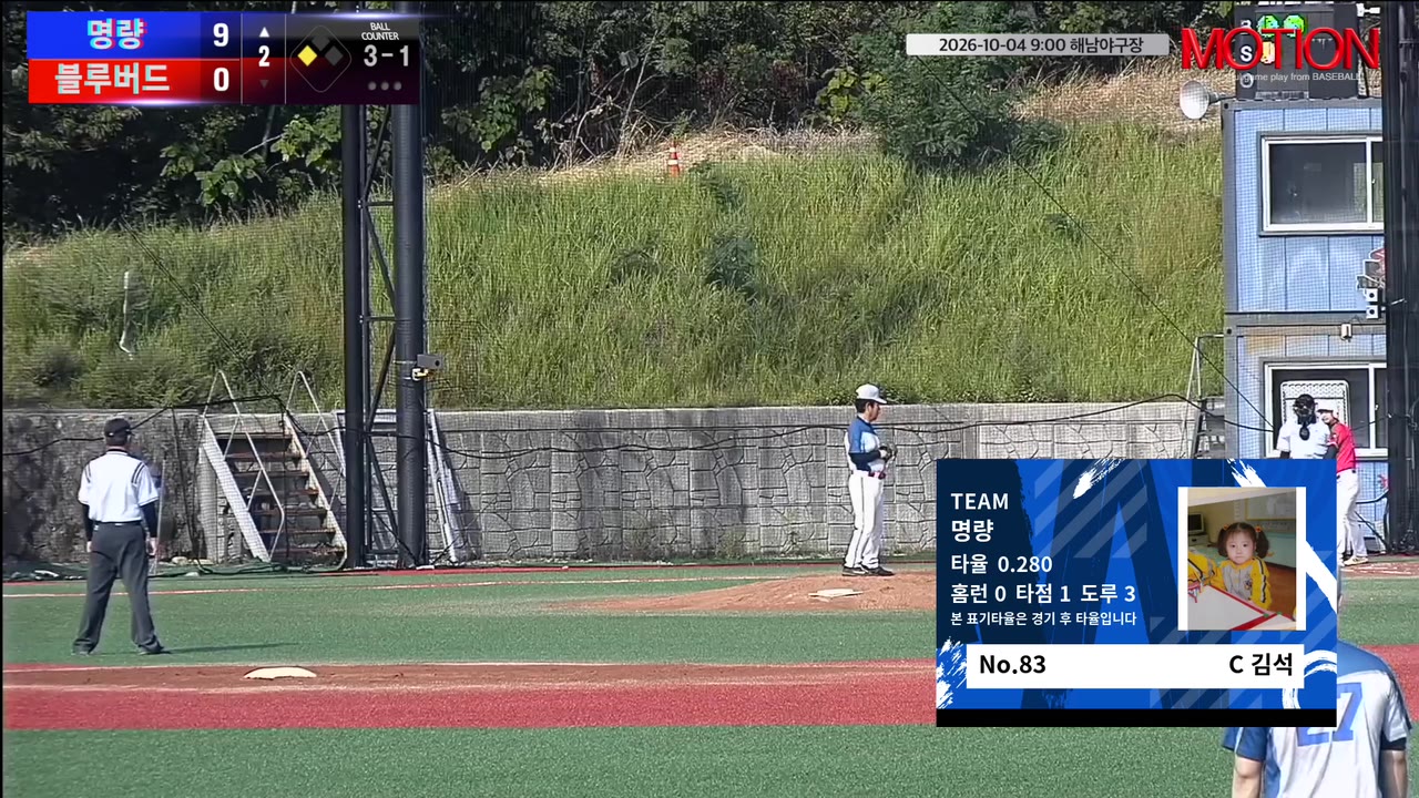 김석(83번, 명량) 볼넷 클립 | vs 블루버드 | 10/4 (해남야구장)