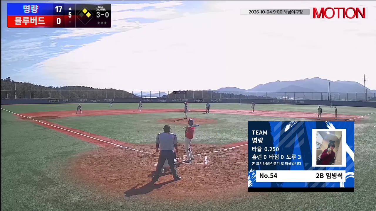 임병석(54번, 명량) 볼넷 클립 | vs 블루버드 | 10/4 (해남야구장)