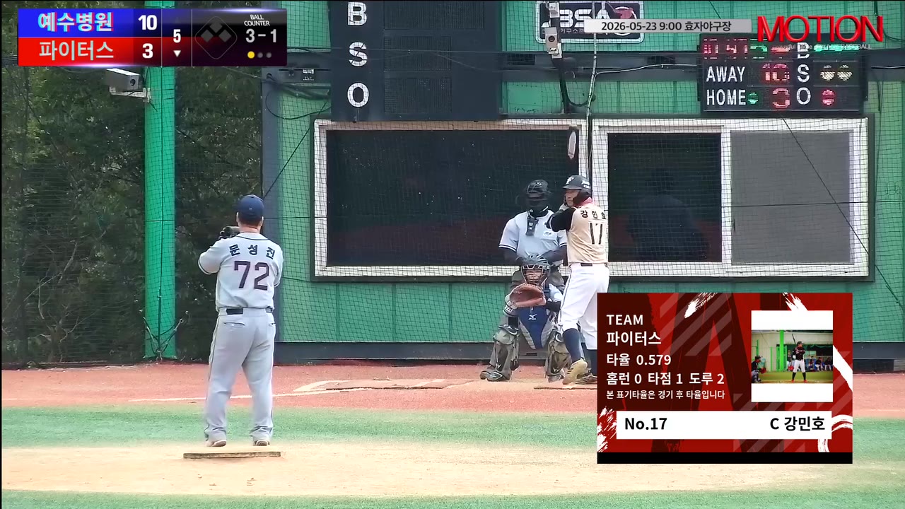 강민호(17번, 파이터스) 볼넷 클립 | vs 예수병원 | 10/3 (효자야구장)