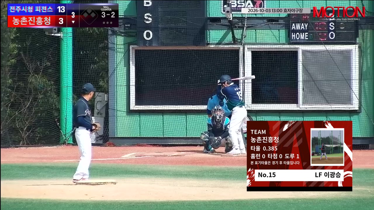 이광승(15번, 농촌진흥청) 사구 클립 | vs 전주시청 피젼스 (Jeonju Pigeons) | 10/3 (효자야구장)