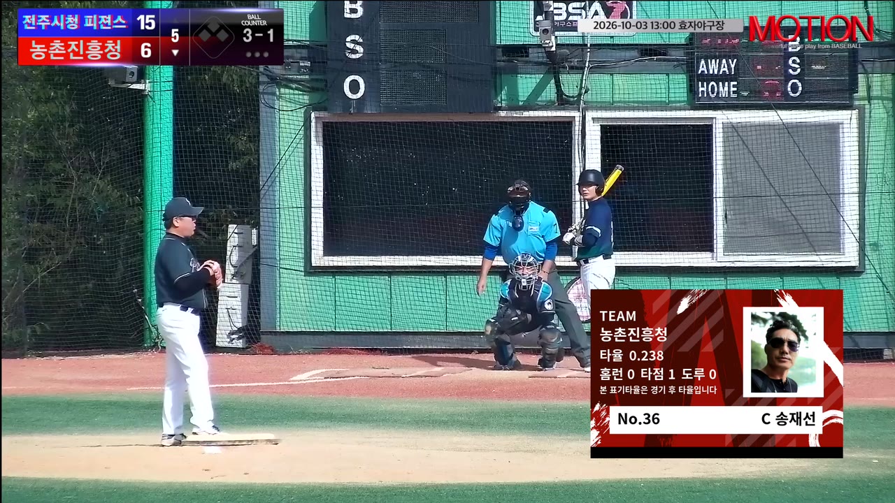 송재선(36번, 농촌진흥청) 볼넷 클립 | vs 전주시청 피젼스 (Jeonju Pigeons) | 10/3 (효자야구장)