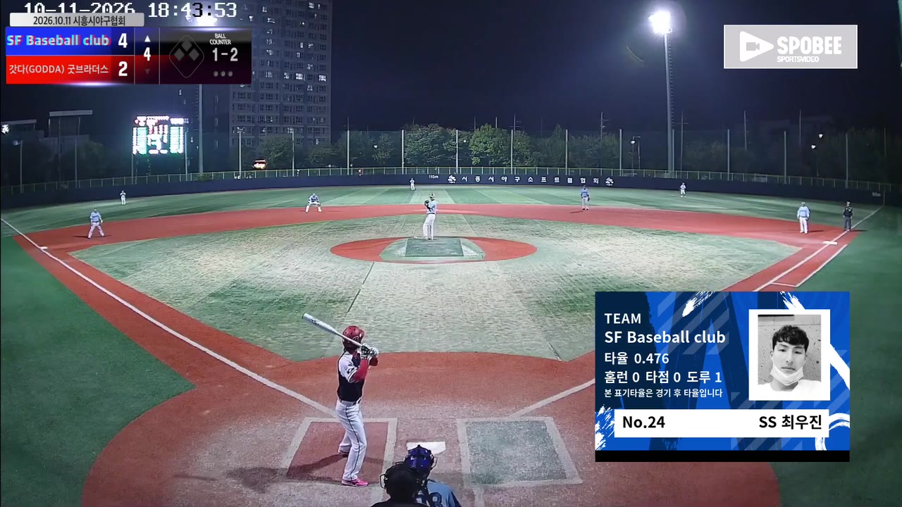 최우진(24번, SF Baseball club) 1루타 클립 | vs 갓다(GODDA)/굿브라더스 | 10/11 (소망야구장)