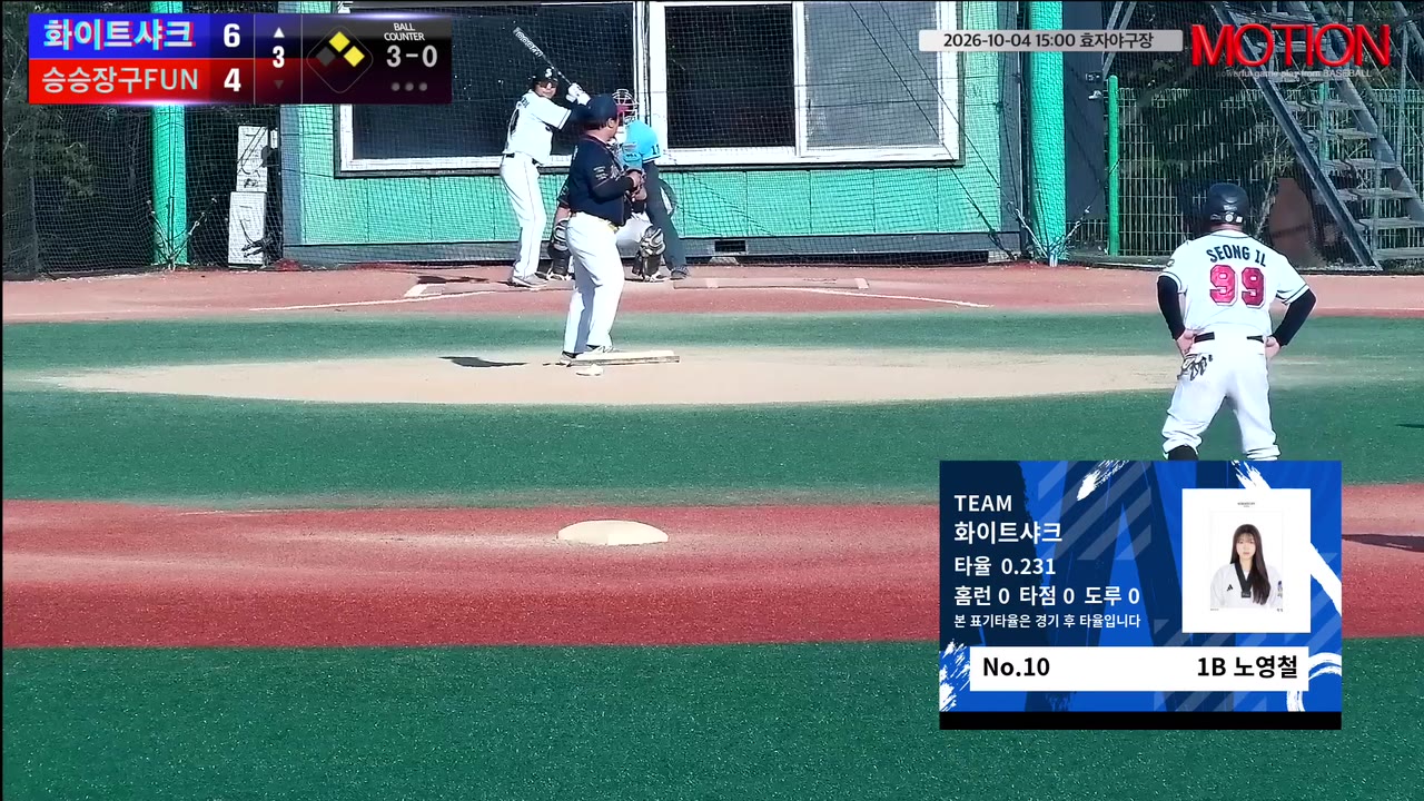 노영철(10번, 화이트샤크) 볼넷 클립 | vs 승승장구FUN | 10/4 (효자야구장)
