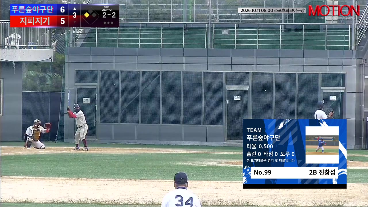 진창섭(99번, 푸른숲야구단) 3루타 클립 | vs 지피지기 | 10/11 (스포츠파크야구장)