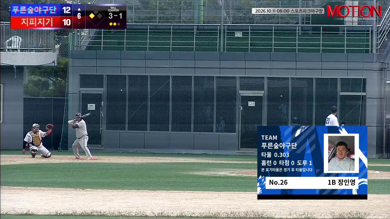 장인영(26번, 푸른숲야구단) 2루타 클립 | vs 지피지기 | 10/11 (스포츠파크야구장)