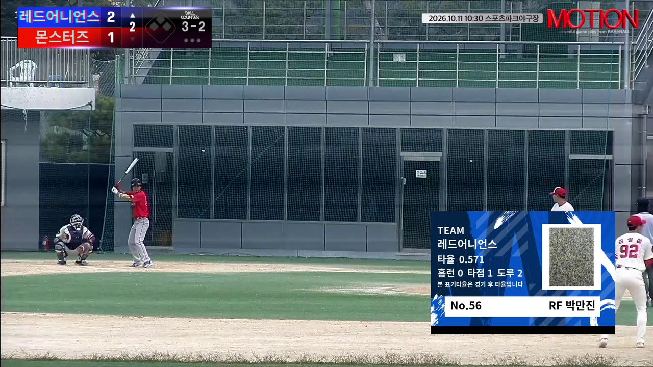 박만진(56번, 레드어니언스) 볼넷 클립 | vs 몬스터즈 | 10/11 (스포츠파크야구장)