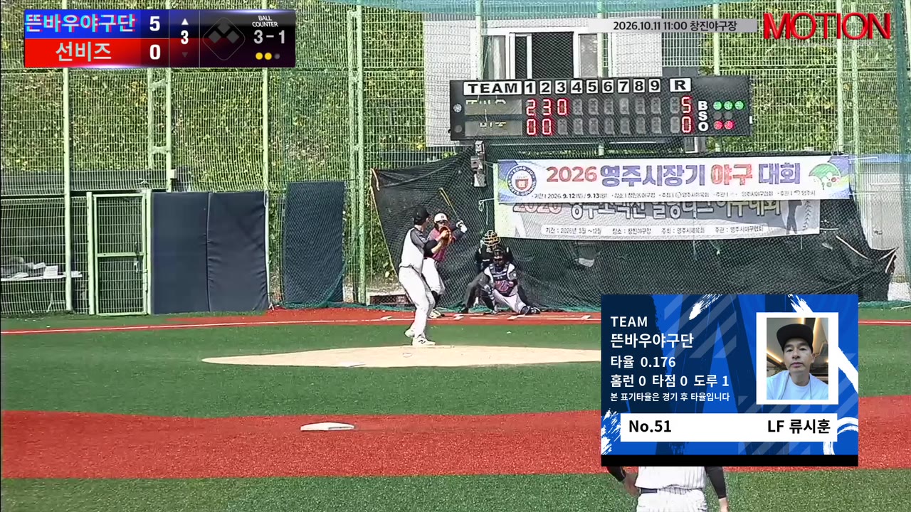 류시훈(51번, 뜬바우야구단) 볼넷 클립 | vs 선비즈 | 10/11 (창진야구장)