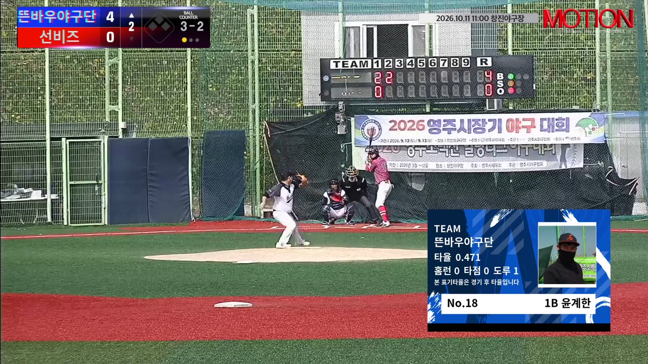 윤계한(18번, 뜬바우야구단) 1루타 클립 | vs 선비즈 | 10/11 (창진야구장)