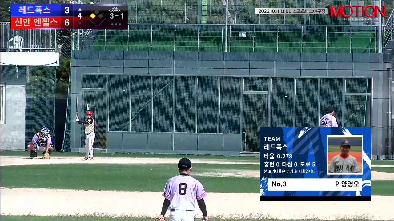 양영오(3번, 레드폭스) 볼넷 클립 | vs 신안 엔젤스 | 10/11 (스포츠파크야구장)