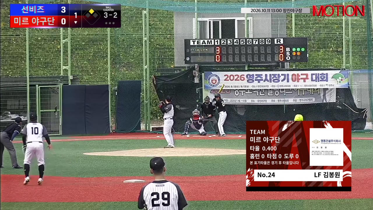 김봉원(24번, 미르 야구단) 볼넷 클립 | vs 선비즈 | 10/11 (창진야구장)