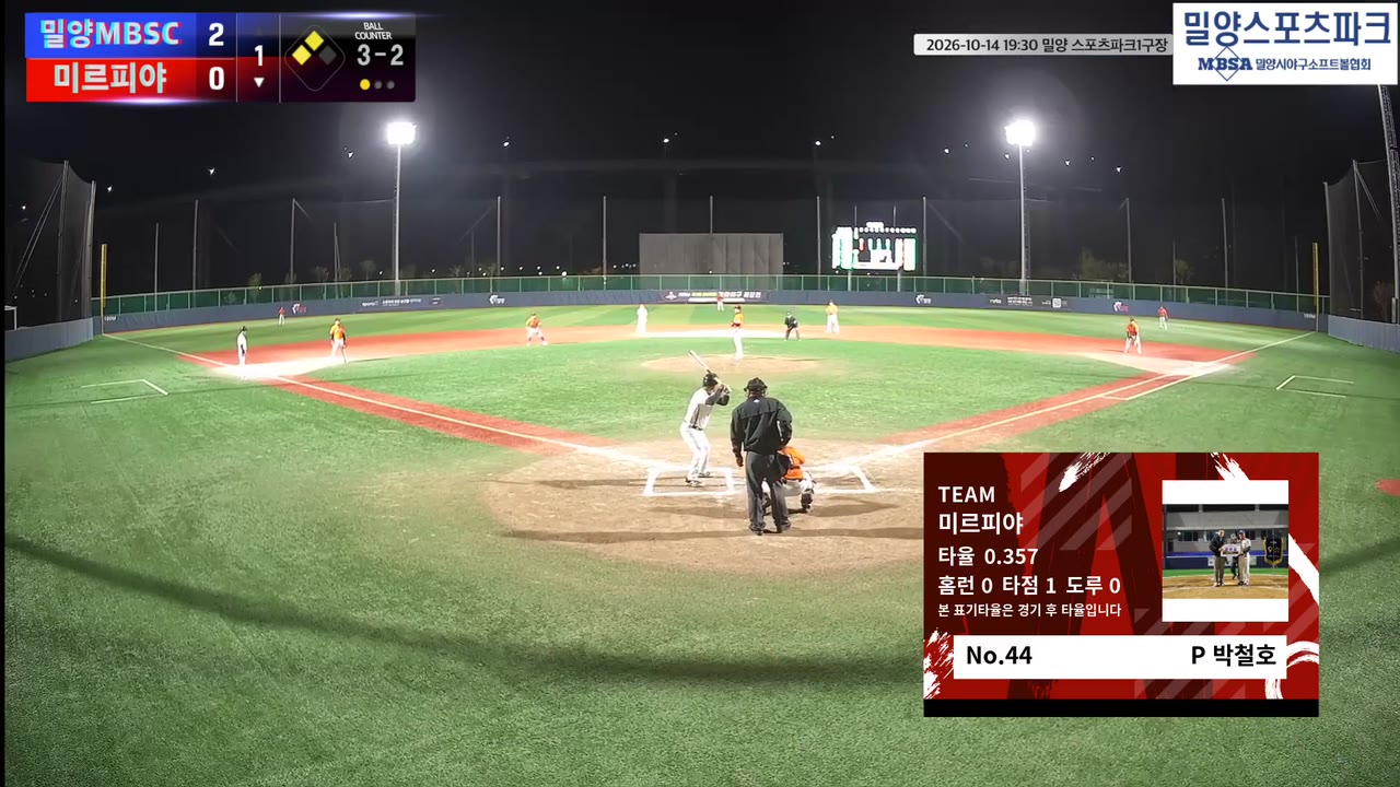 박철호(44번, 미르피야) 볼넷 클립 | vs 밀양MBSC | 10/14 (밀양 스포츠파크1구장)