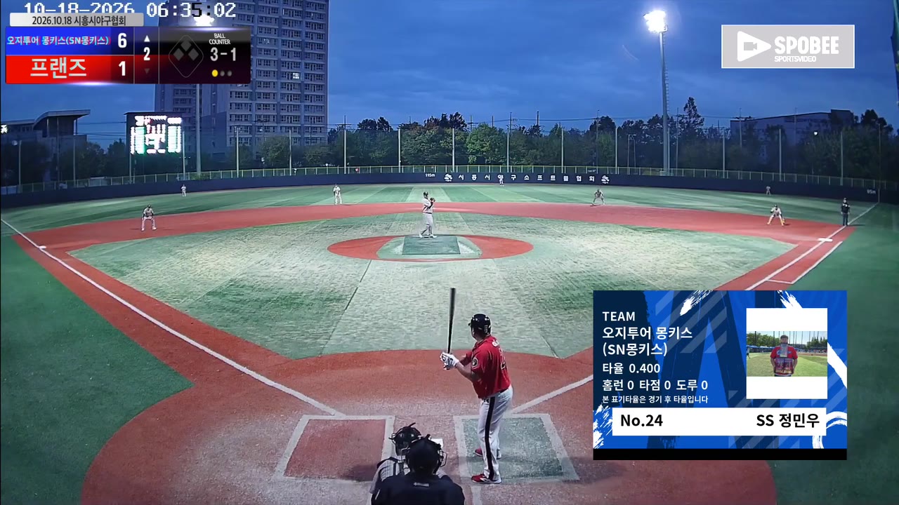 정민우(24번, 오지투어 몽키스(SN몽키스)) 볼넷 클립 | vs 프랜즈 | 10/18 (소망야구장)