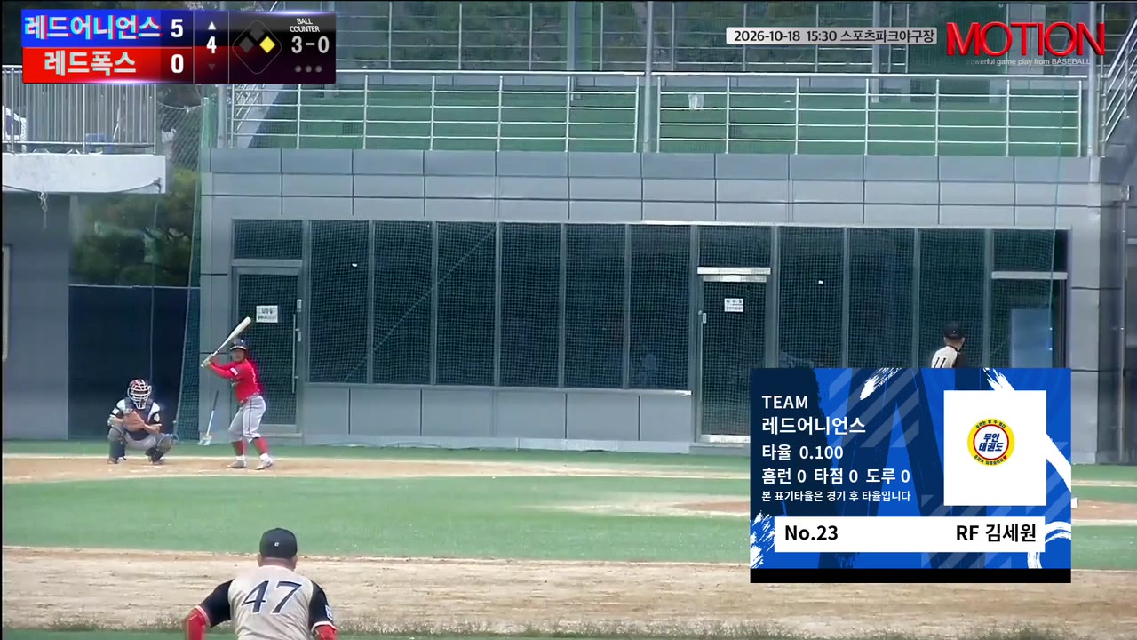 김세원(23번, 레드어니언스) 1루타 클립 | vs 레드폭스 | 10/18 (스포츠파크야구장)