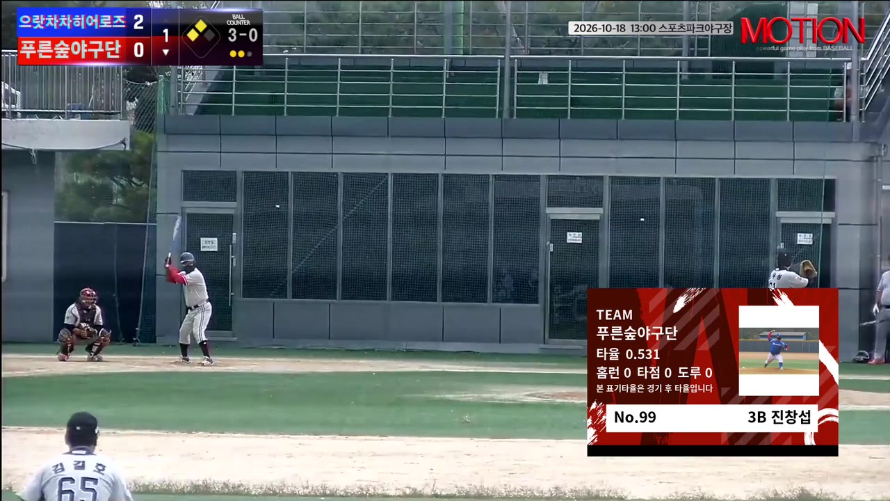 진창섭(99번, 푸른숲야구단) 1루타 클립 | vs 으랏차차히어로즈 | 10/18 (스포츠파크야구장)
